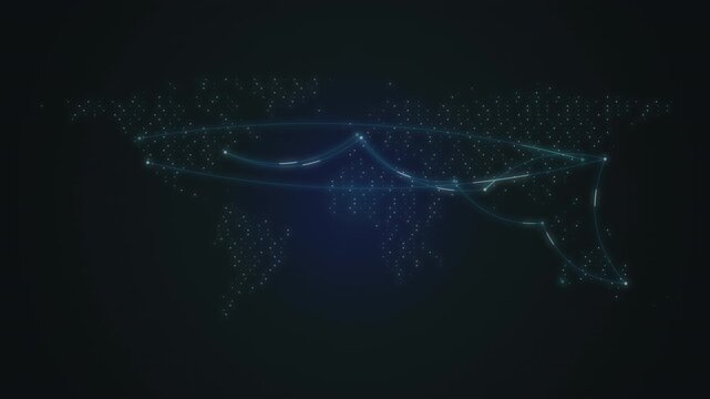 Cyan world data map with glowing routes on navy seamless loop