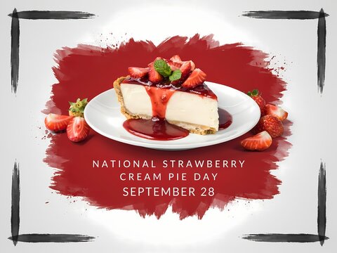Slice of strawberry cream pie on a plate for national strawberry cream pie day on september 28