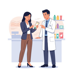 Fototapeta premium Pharmacist Advising Customer on Skincare Product in Pharmacy