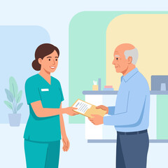 Obraz premium Nurse Hands Paperwork to Elderly Patient at Reception Desk in Modern Clinic