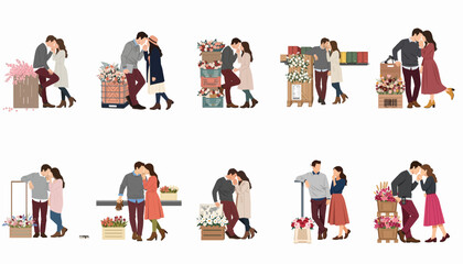 Fototapeta premium Set of minimalist illustrations featuring romantic couples in various affectionate poses with colorful flower arrangements on a clean white background.