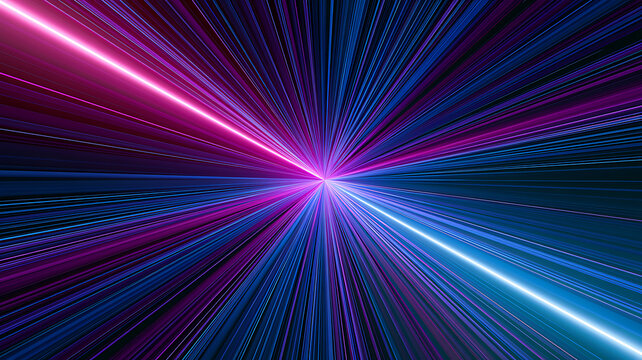 Abstract background with glowing neon light rays in pink and blue colors, speed of light motion effect
