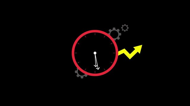 Business growth and time management concept: animated clock with rising financial graph and rotating gears