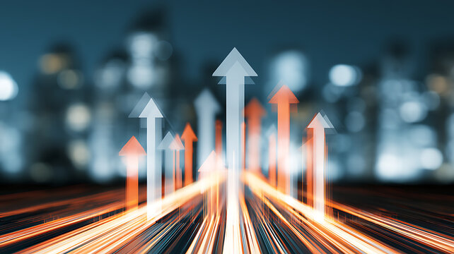 Abstract digital background with glowing arrows pointing up, representing business growth and success