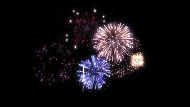 Fireworks burst brightly with purple and gold sparks in a dark night sky for celebratory holiday displays.