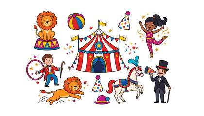 Fototapeta premium Cute circus vector elements set featuring carnival tent ringmaster acrobat performers cartoon lions horse and festival decorations,