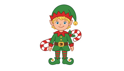 Fototapeta premium Cute Christmas elf boy vector illustration wearing green costume holding candy cane isolated on white background festive holiday character,