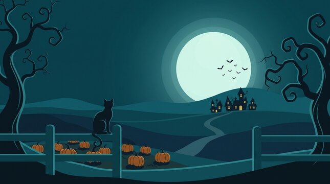 Cartoon dog watching moonlit village by water