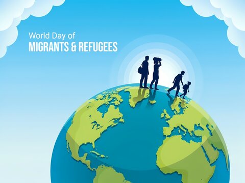 Migrants and refugees walking on the world globe for world day celebration