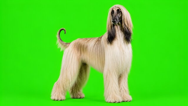 Elegant Afghan Hound Standing Full Body on Green Screen Background, Long Hair Dog Studio Portrait