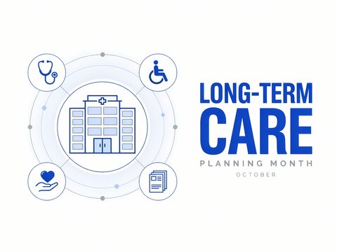 Long term care planning month concept with hospital building and medical service icons
