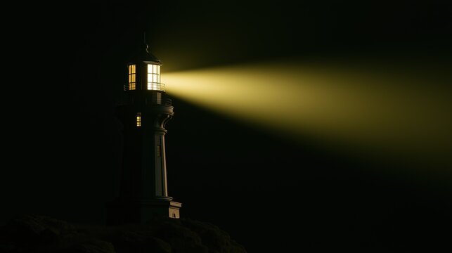 Dark classic stone lighthouse standing on rocky cliff emitting warm yellow beam of light through deep night, symbol of guidance direction hope and navigation safety concept