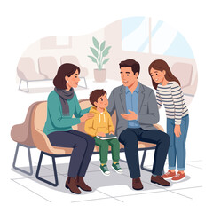 Fototapeta premium Diverse Family Waiting Together - Parents, Son, and Daughter in a Waiting Room