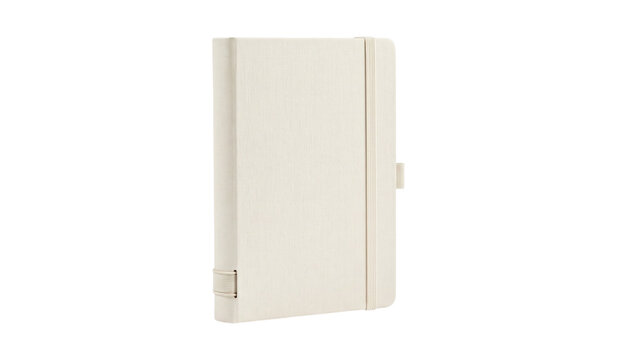 White journal or planner with elastic band on transparent background for writing and organizing ideas.