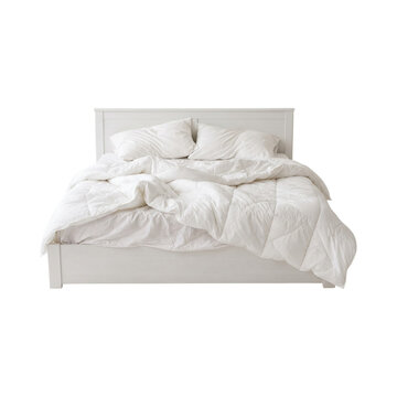 White wooden bed frame with messy white duvet and pillows for home furniture and interior design projects.
