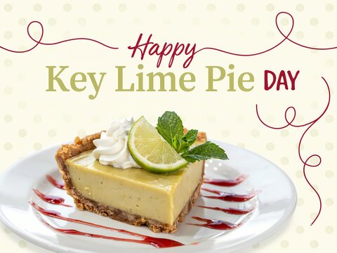 Happy key lime pie day greeting card with a slice of delicious citrus dessert on a plate
