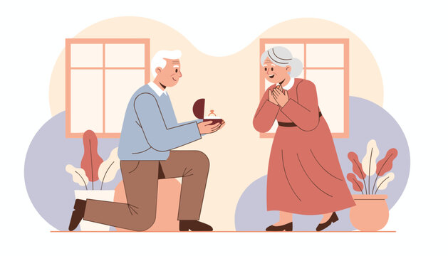 Heartwarming illustration of a senior man kneeling and proposing with an engagement ring to a surprised and happy senior woman at home.