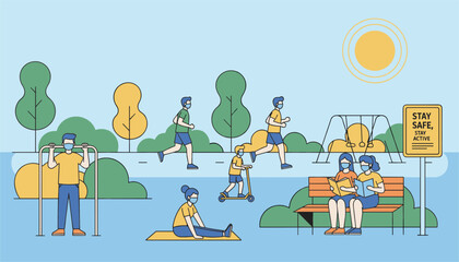 Naklejka premium Diverse people wearing protective face masks engage in various outdoor activities like running and exercising in a public city park.