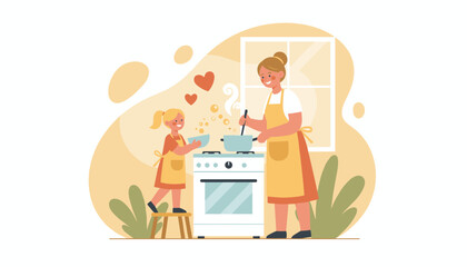 Fototapeta premium Smiling mother and young daughter bond while cooking a meal together at a stove in a warm and loving home kitchen environment.