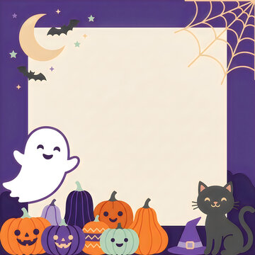 Halloween square frame with ghost and black cat and pumpkins