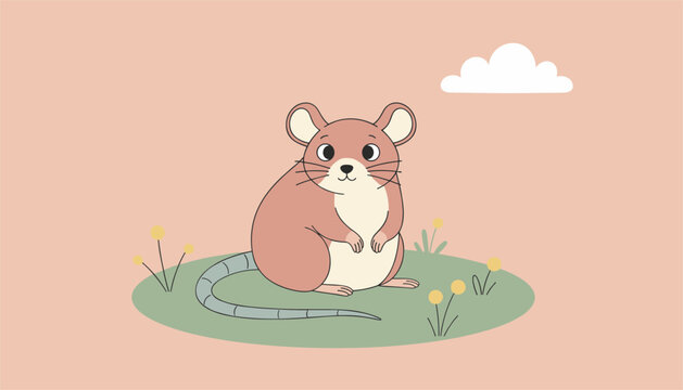 Adorable small mouse sits peacefully in a green field with tiny yellow flowers under a single white cloud in a soft pink sky.