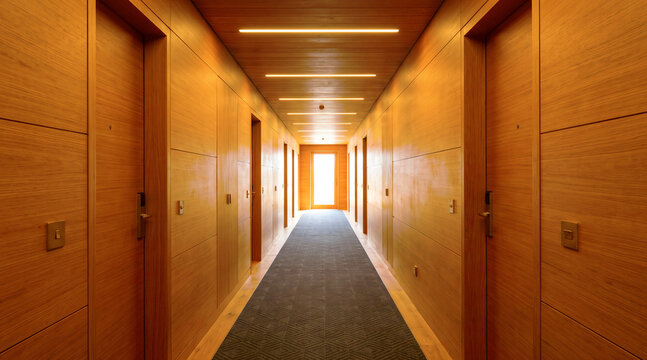 Narrow hotel corridor with wooden walls carpeted flooring recessed ceiling lights leading toward a brightly lit exit corridor interior illumination architecture building perspective