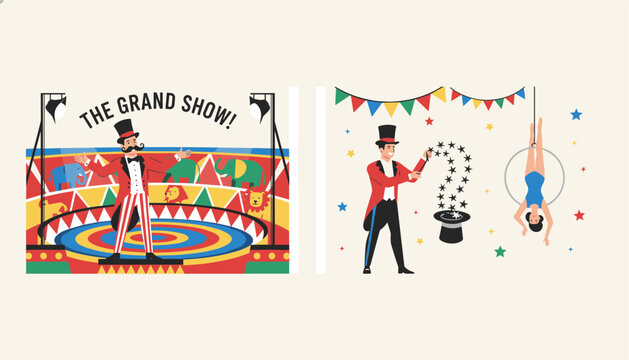 Set of circus show posters featuring a ringmaster animals a magician and an acrobat performing their acts.
