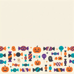 Fototapeta premium Halloween candy and pumpkin border pattern on a cream background