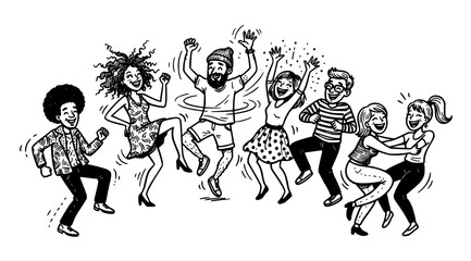 Fototapeta premium Playful black ink doodle cartoon dancing people party dancers vector 