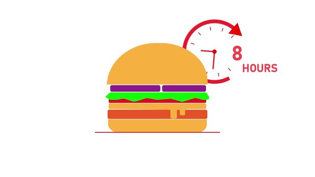 Fast food delivery time concept: animated burger with 8 hours countdown timer clock