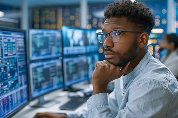 Fototapeta premium Focused analyst studies complex data on multiple screens. Dark glasses, thoughtful gaze, hand resting near chin. Blue-lit workspace with glowing monitors displaying charts