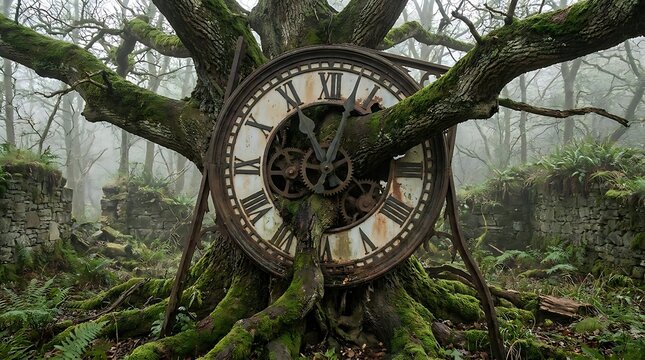 Surreal antique clock standing against a giant moss-covered tree in a misty enchanted forest, blending vintage timekeeping with fantasy nature