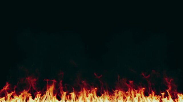 Flames of fire burn along the bottom edge of a black background, offering vibrant contrast and copy space.