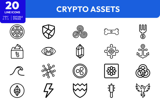 Assets coin, wallet, blockchain, chart, trade. Editable stroke. Vector illustration.