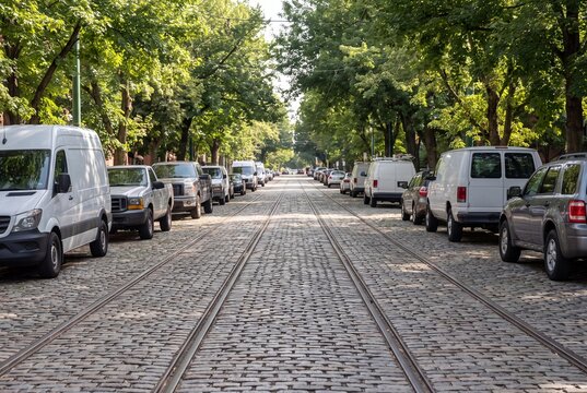 Cobblestone street with tram tracks lined with parked cars and green trees