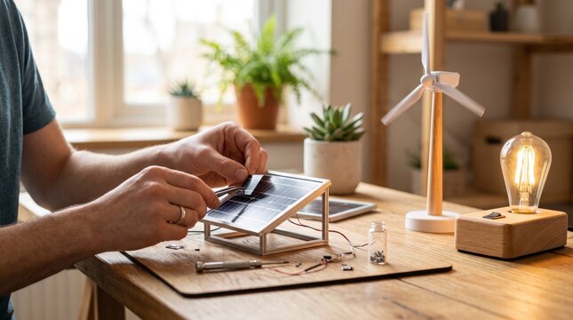 Man assembling mini solar panel and wind turbine kit for science education, renewable energy experiment with light bulb glowing on wooden desk.