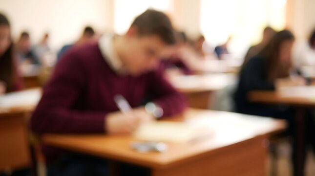 Focused student writing exam in crowded classroom with blurry background showing educational environment and academic assessment setting during final test session at school or university facility