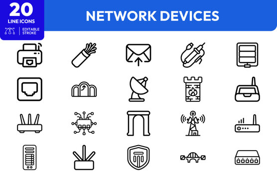Network Hardware router, switch, hub, server, cable. Editable stroke. Vector illustration.
