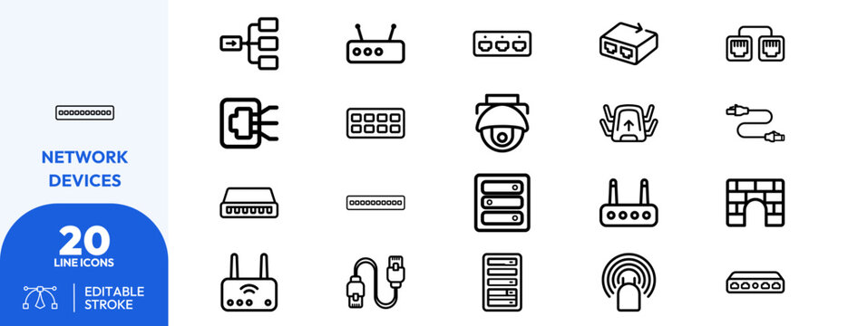 Network Hardware router, switch, hub, server, cable. Editable stroke. Vector illustration.