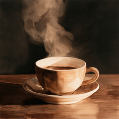 Fototapeta premium Minimalist watercolor of steaming coffee cup on saucer