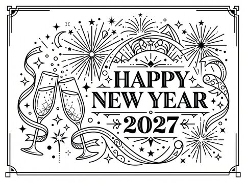 Vintage Happy New Year 2027 greeting card, retro line art celebration with champagne glasses and fireworks, elegant holiday card design
