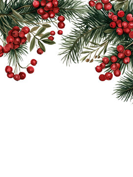 watercolor botanical illustration of winter berries and pine branches, red and dark green, white background with space at bottom for holiday message