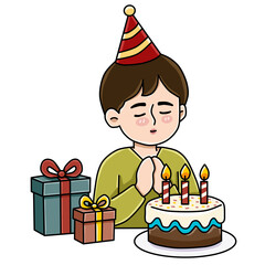 Cute boy wearing party hat making a wish before birthday cake vector