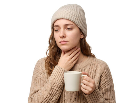 PNG young woman with sore throat holding a cup of tea isolated on transparent background