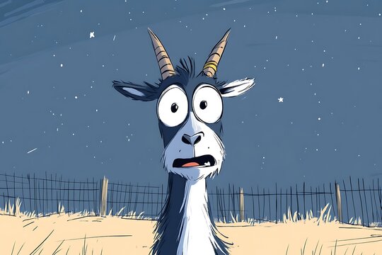 Surprised goat under starry night
