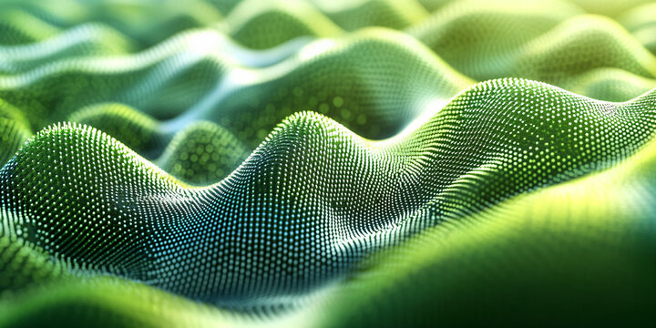 Abstract green wave texture with digital point cloud. 3D topographic landscape of organic particles. Futuristic data visualization background.