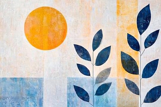 Abstract artwork with sun and leaves