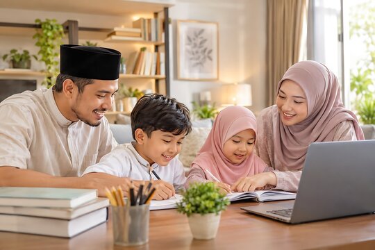 Parents Helping Kids with Homework in Living Room