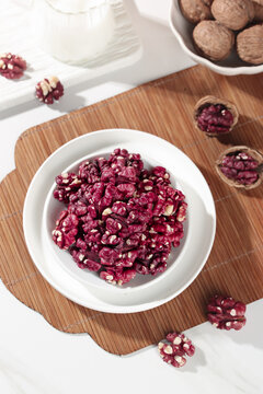 Xinjiang Red Skin Walnuts in Bowl - Fresh Pure Nuts on Wooden Board