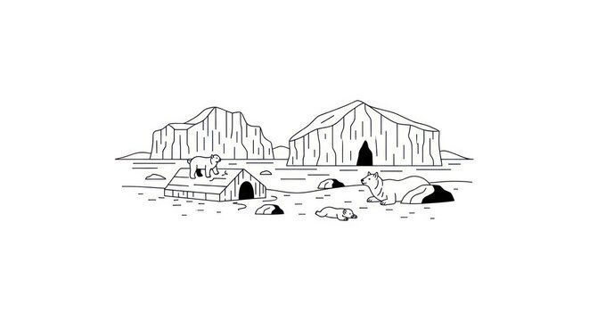 Black and white illustration of igloos.